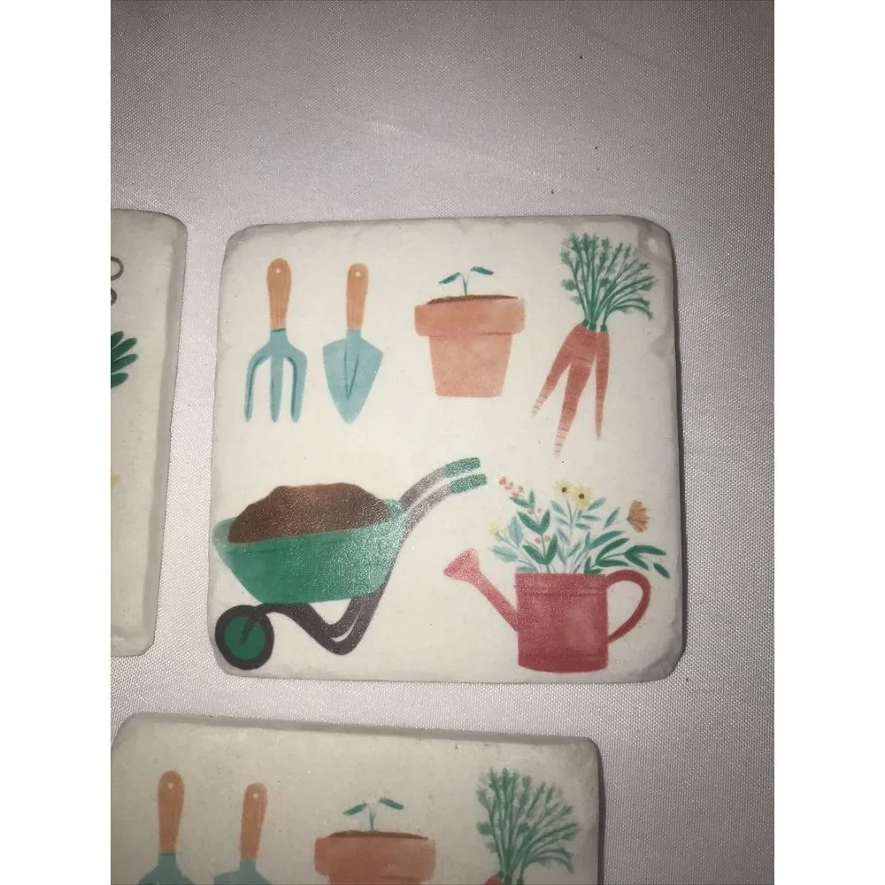 Tabletop Gardening Coaster Set/4 Resin Flowers‎ Hat Wheel Barrow Cg175957